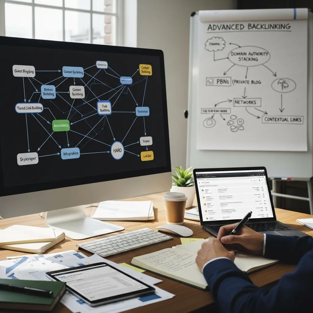 Infographic illustrating advanced backlinking strategies and frameworks with interconnected websites, authority links, content clusters, outreach campaigns, digital PR, guest posting, SEO analytics dashboards, and rising search engine ranking graphs.