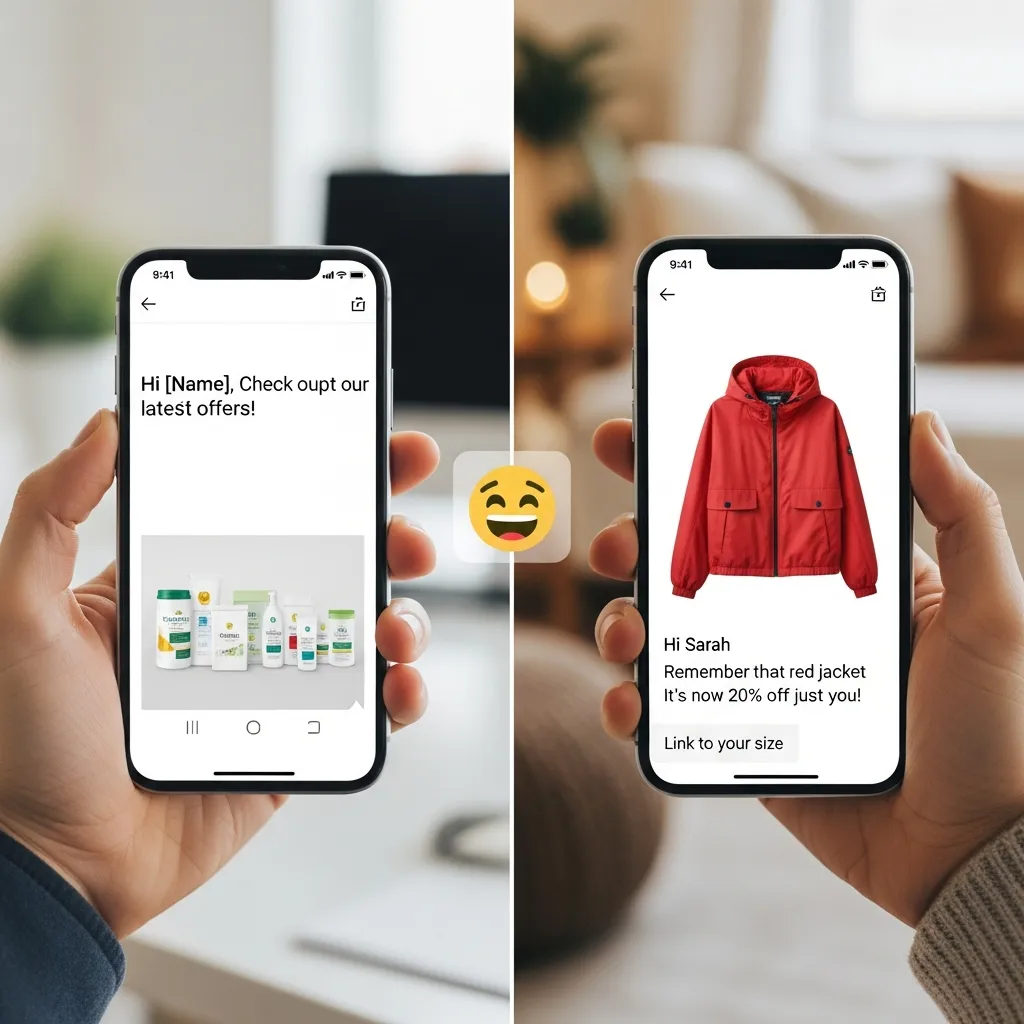 Side-by-side comparison of generic vs personalized SMS marketing messages on smartphone screen