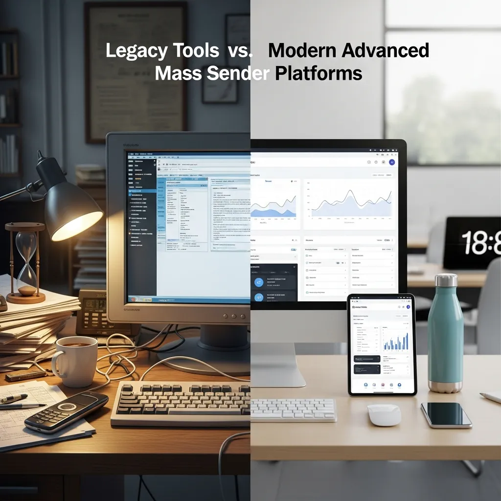 Alt text: Side-by-side comparison infographic showing legacy tools versus modern advanced mass sender platforms, highlighting differences in speed, automation, personalization, analytics, scalability, cloud access, integrations, and overall campaign efficiency.
