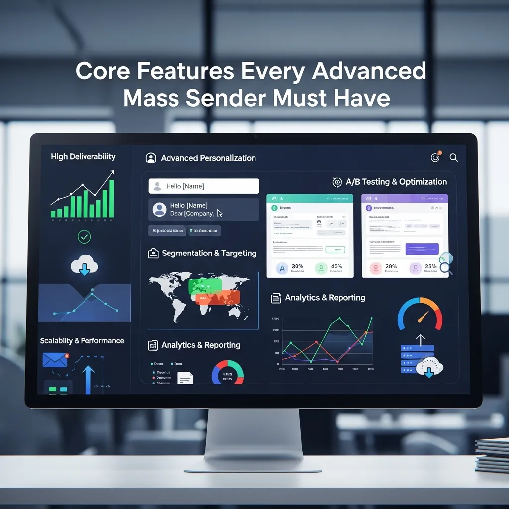 Alt text: Infographic showcasing the core features of an advanced mass sender, including bulk messaging, contact segmentation, automation workflows, delivery tracking, analytics reporting, personalization tools, and multi-channel communication support.