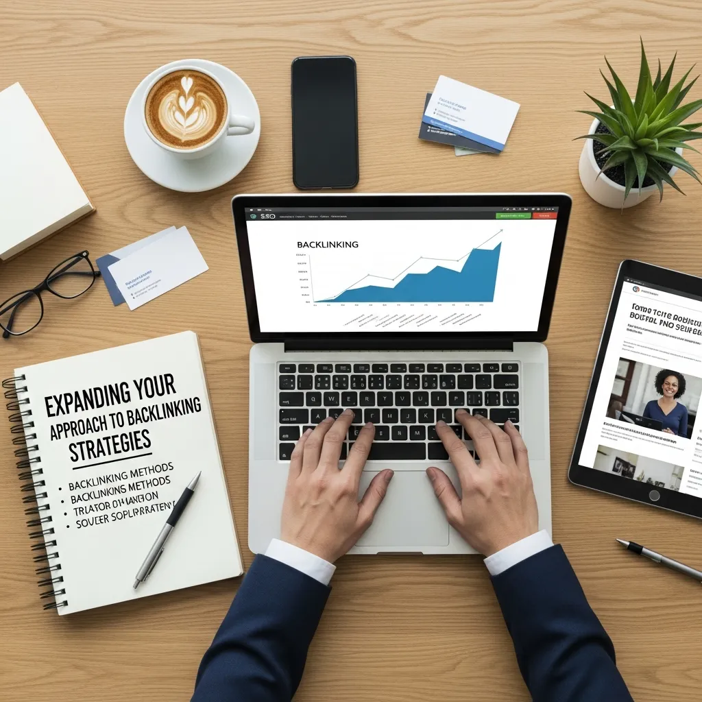 Infographic illustrating expanding your approach to backlinking strategies with diverse link sources, guest posting, digital PR, content partnerships, niche directories, outreach campaigns, authority websites, and growing SEO performance charts.