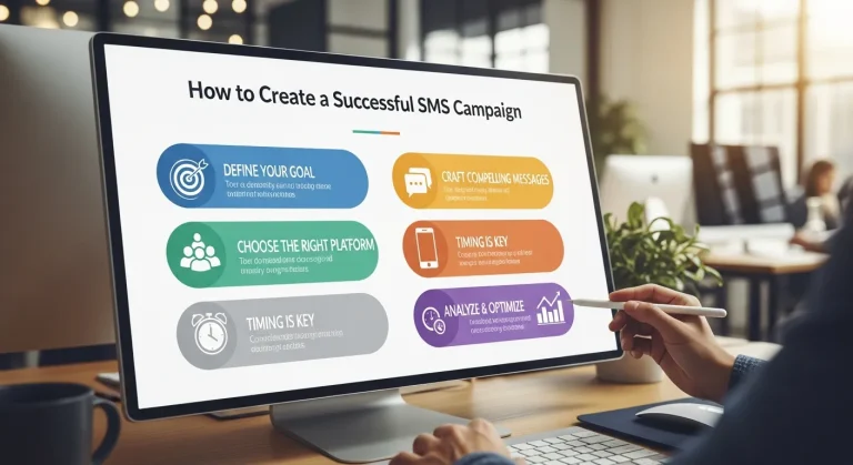 Digital marketer setting up SMS campaign strategy on laptop with audience segmentation and scheduling