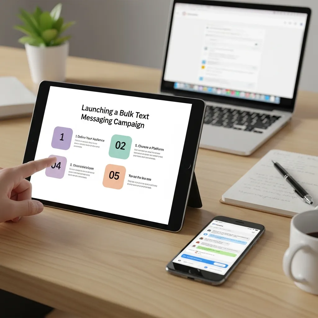 Marketer creating bulk SMS campaign with audience targeting and message scheduling