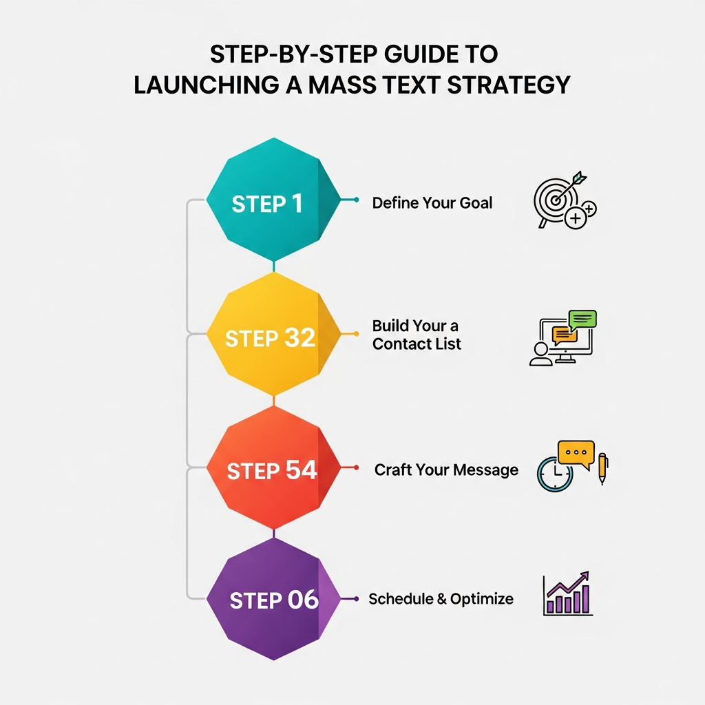 Professional infographic showing a step-by-step guide to launching a mass text strategy, featuring stages like audience segmentation, contact list building, message creation, scheduling campaigns, automation, delivery tracking, and performance analytics with smartphone messaging visuals in a clean modern design.