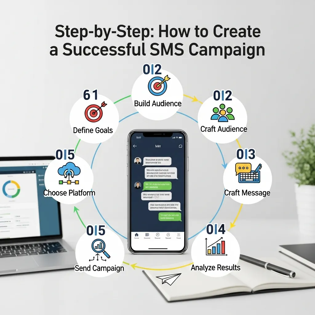 Digital marketer sending bulk SMS campaign to targeted audience on smartphone interface