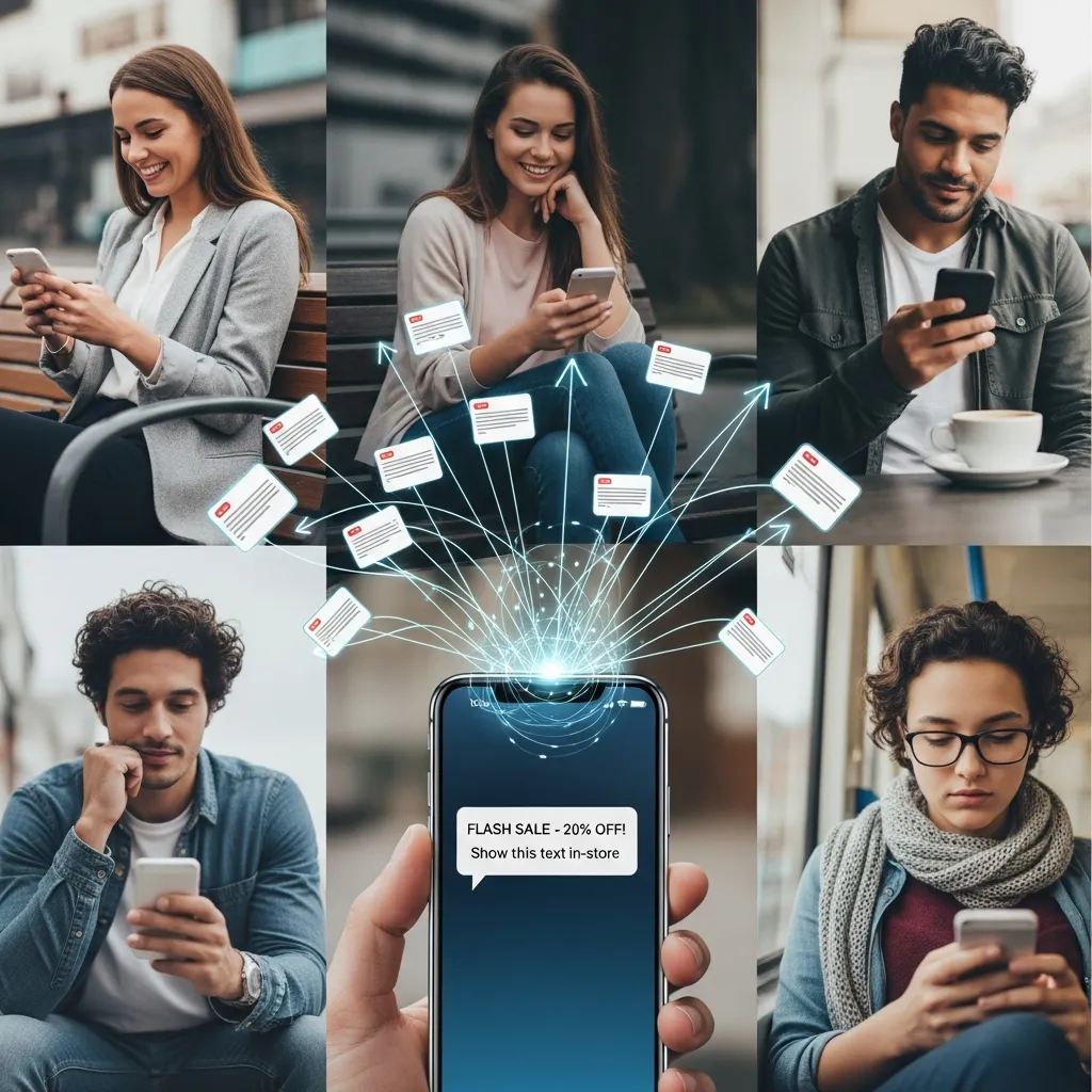 Person holding smartphone receiving promotional SMS marketing message with high engagement notification