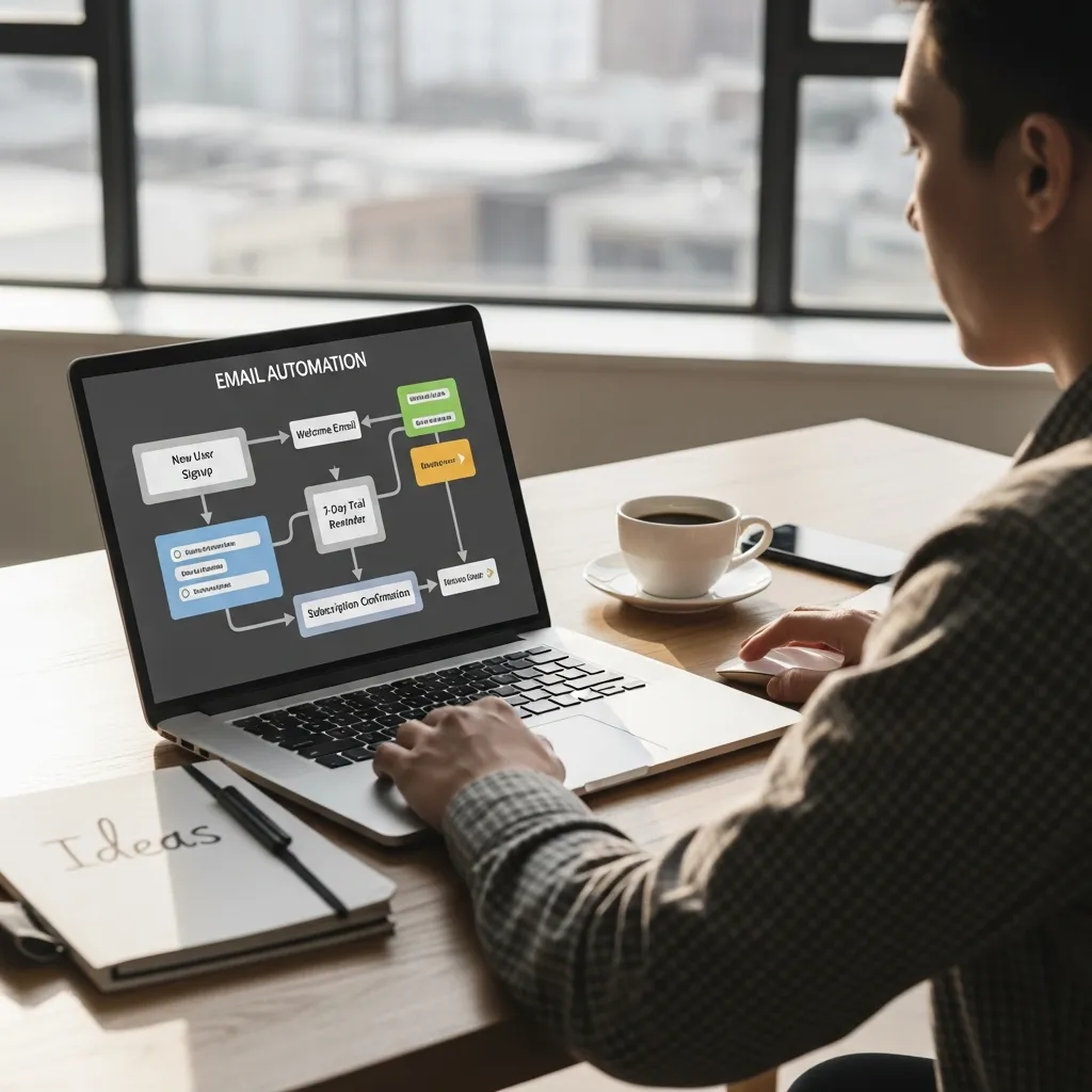 Digital marketer analyzing automated email campaigns with performance metrics and open rates