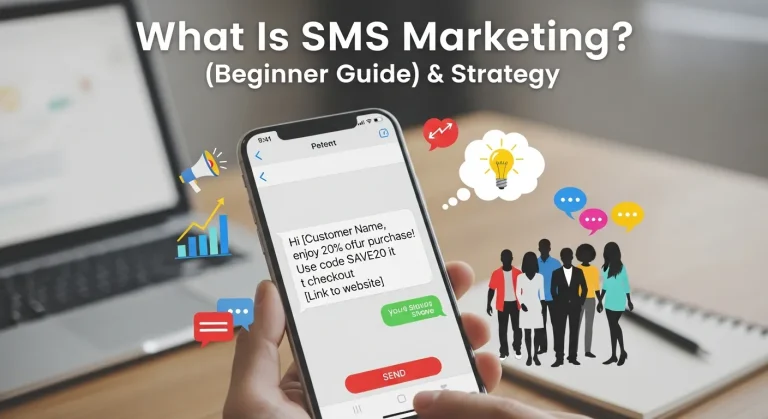 SMS marketing concept showing a smartphone sending promotional text messages to customers