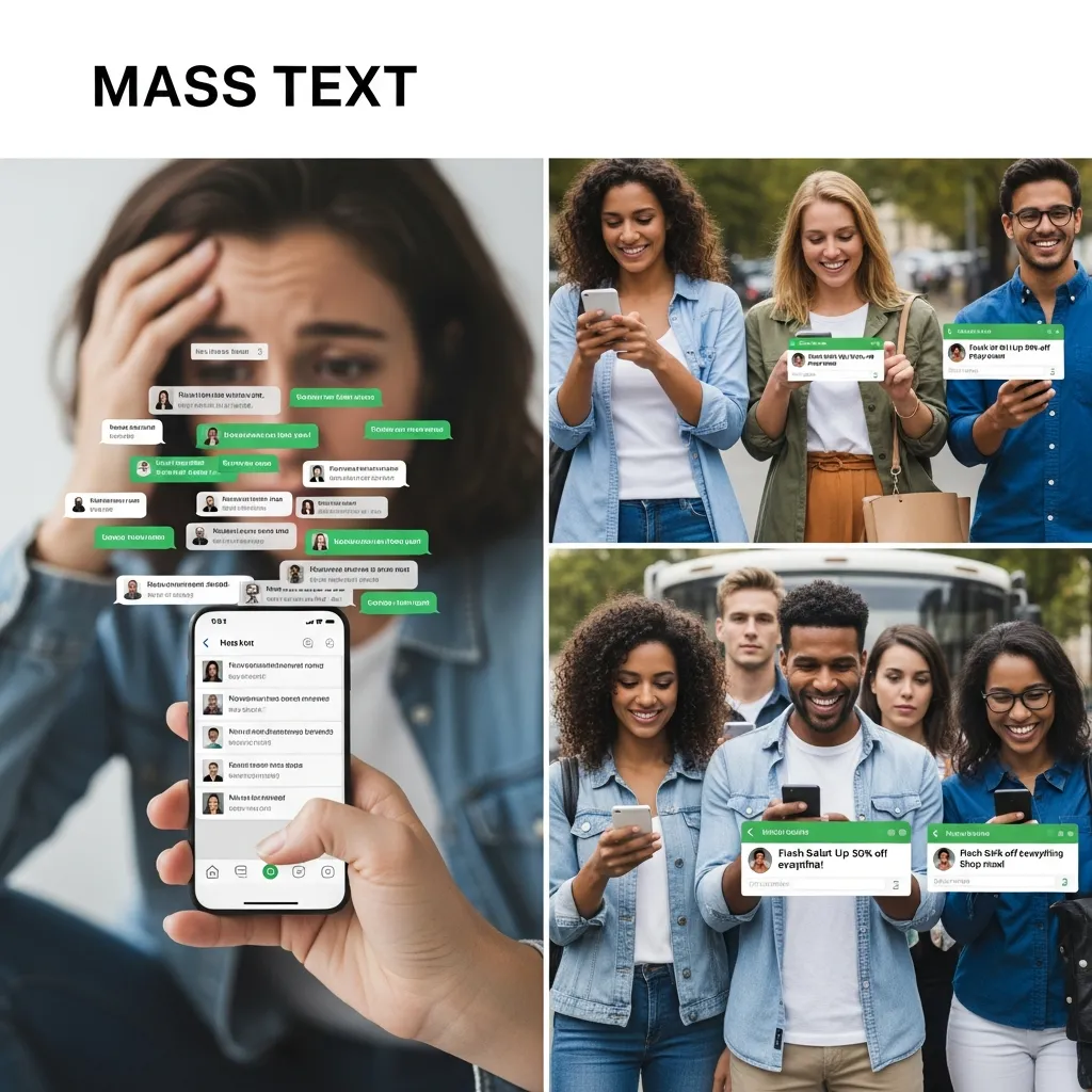 Clean infographic explaining what is a mass text, featuring a smartphone sending one message to multiple recipients, bulk SMS communication, customer notifications, promotions, alerts, audience outreach, and messaging analytics in a modern professional business design.