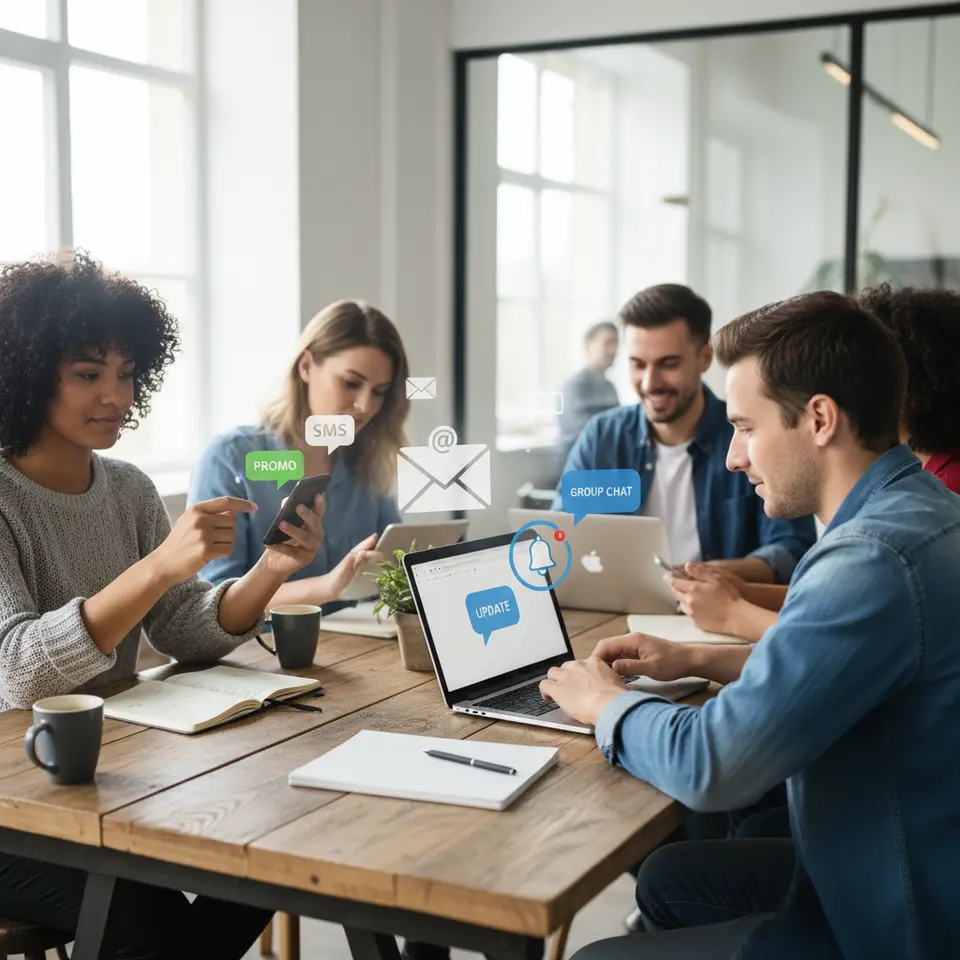 Key Communication Channels: Illustrate the four primary bulk messaging channels—an SMS text bubble on a smartphone, an email envelope icon, a web-or-mobile push notification badge, and a chat app message bubble (e.g., WhatsApp/Facebook Messenger)—arranged together to show multi-channel outreach.