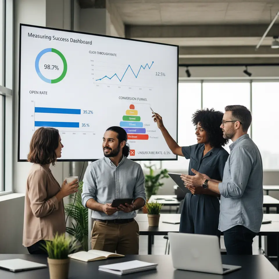 Measuring Success Dashboard: Depict a real-time analytics dashboard featuring key performance indicators—delivery rate gauge, open rate bar chart, click-through rate line graph, conversion funnel diagram, and unsubscribe rate indicator—highlighting how marketers track and optimize bulk messaging campaigns.